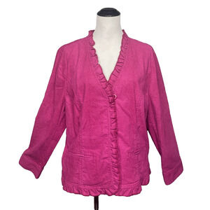 NWT Chicos Fuchsia Pink Ruffle Trim Textured Jacket Blazer Sz 3 XL 16 Long Slv